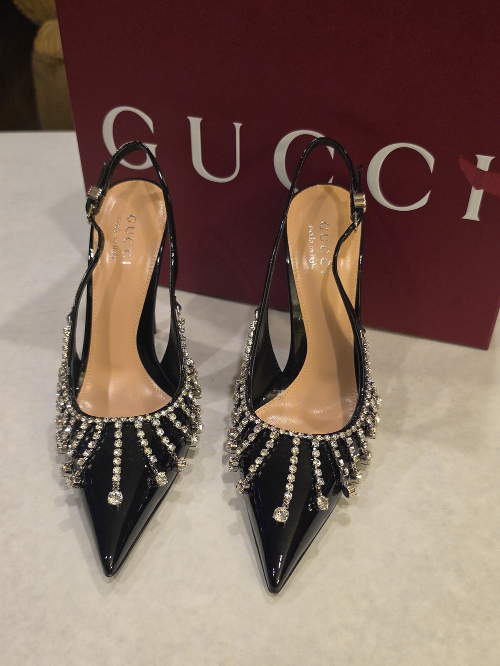 Gucci Black Patent Crystal-Ray Slingback Pumps